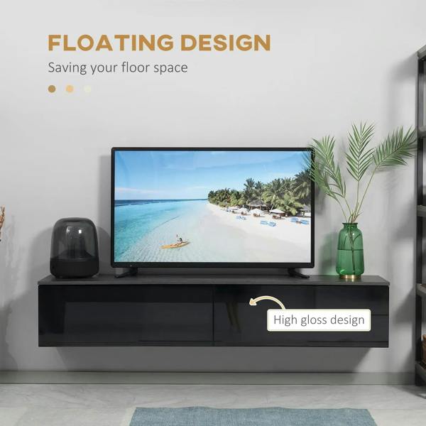 Wall-mounted media console with high-gloss black finish and two-door storage