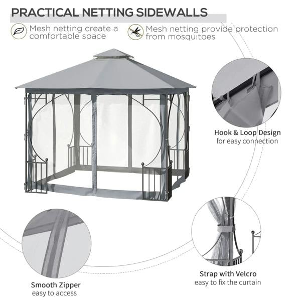 Light grey gazebo with practical mesh sidewalls, hook-and-loop curtain connection