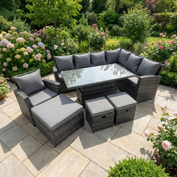 Fimous 10 Seater Rattan Garden Furniture Set with Corner Sofa, Adjustable Lifting Dining or Coffee Table & 3 Footstools - Dark Grey