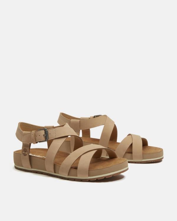 Timberland Malibu Waves Cross Strap Nubuck Womens Sandals - Mid Beige | CHO | Designer Womens Flat Sandals