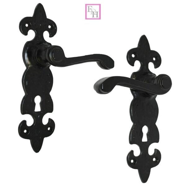 EDH Door Hardware Black Cast Iron Fleur-de-Lys Door Handles – Lever Latch, Bathroom Lock & 3 Lever Lock Sets