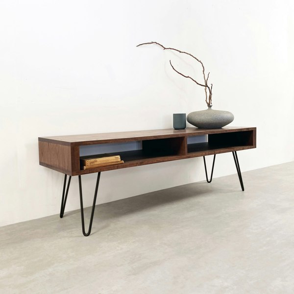 The Urban Editions Darwen Solid Wood TV stand On Mid Century Hairpin Legs