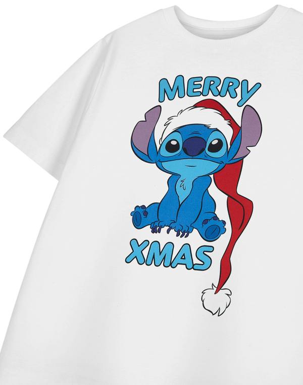 Disney Lilo & Stitch Girls White Merry Xmas Short Sleeved T-Shirt
