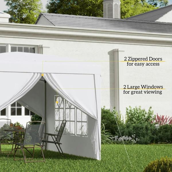 White pop-up gazebo with zippered doors and large window panels