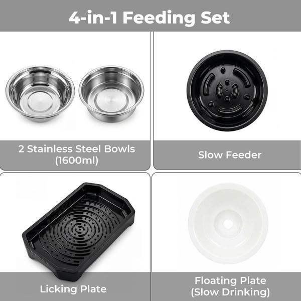 Skylos Raised Dog Bowl 4-Height Adjustable Feeding Station Full Set 1600ml Black
