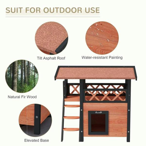 Outdoor cat house with asphalt roof and water-resistant wood finish; dark frame and door