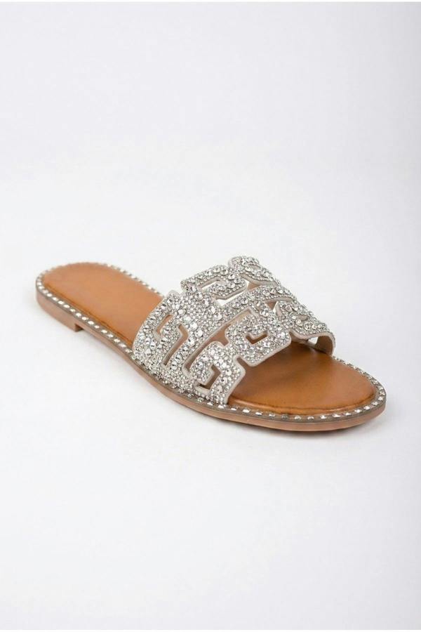 Pearl Geometric Rhinestone Embellished Sliders - Silver