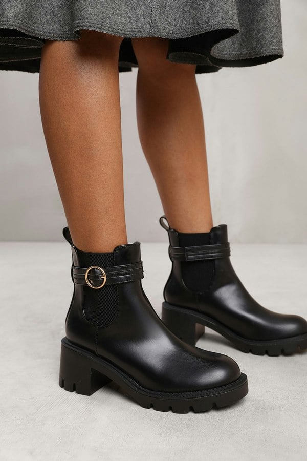 Where's That From Lyric Ankle Boot With Chunky Sole and Buckle Detail in Black Faux Leather