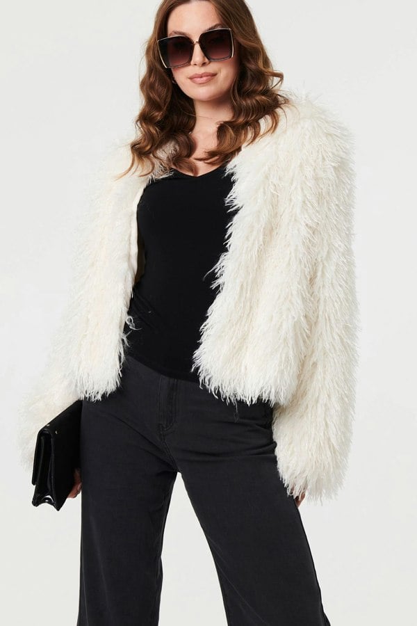Ivory | Faux Fur Textured Cropped Jacket