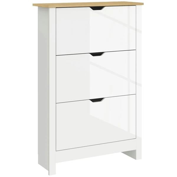 White slim shoe cabinet with 3 flip drawers and black handles