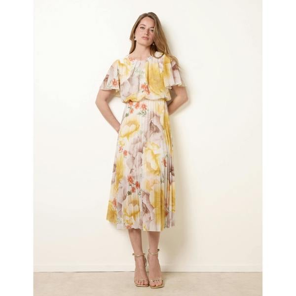 Blue Vanilla Pleated Scoop Neck Short Sleeve Floral Dress