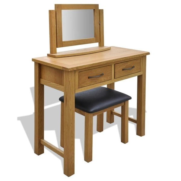 Berkfield Dressing Table with Stool Solid Oak Wood