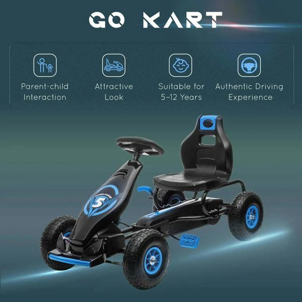 Kids pedal go kart with blue steering wheel center and black adjustable seat