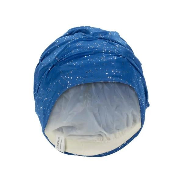 Blue glittery Fashy Sparkle fabric swim cap with white interior