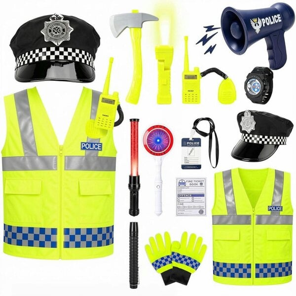 deAO Toys deAO Complete Police Pretend Play Kit, Police Hat, Vest, Megaphone, Great For Fancy Dress, Imaginative Play, Role Play Costume Set