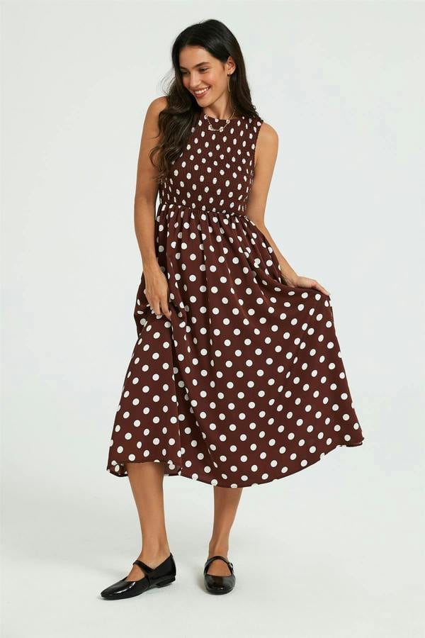 FS Collection Dot Print Tie Back Sleeveless Shirred Top Midi Dress Brown