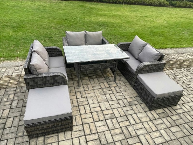 Fimous 8 Seater Dark Grey Mixed Rattan Outdoor Lounge Set - Oblong/Rectangular Dining Table & Loveseat Sofa