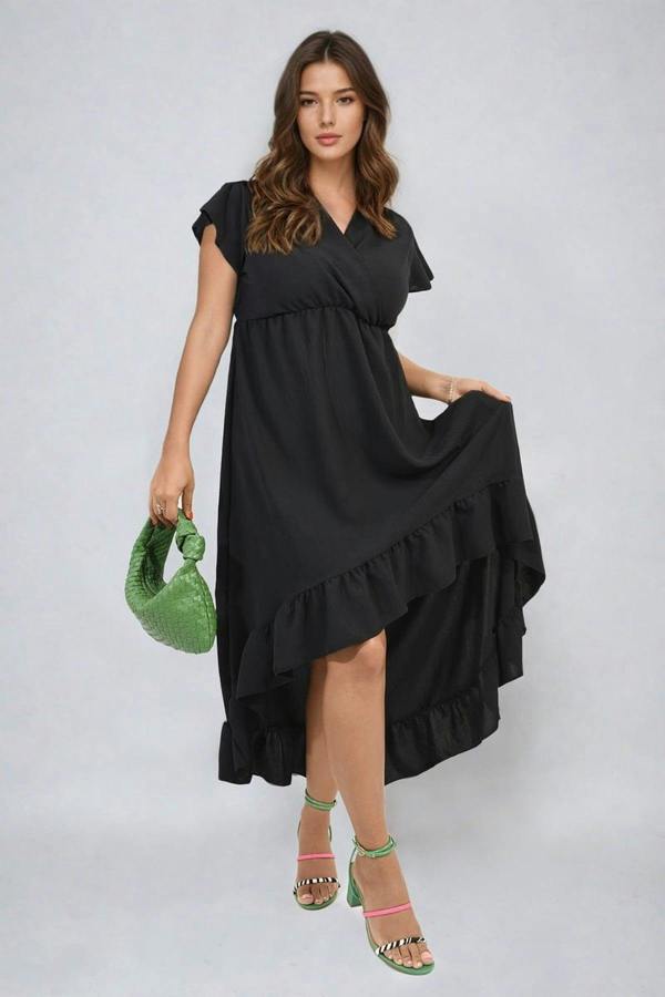 Catalina High Low Ruffle Hem Maxi Dress - Black