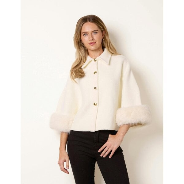Blue Vanilla Cape Coat With Gold Button And Faux Fur Trim