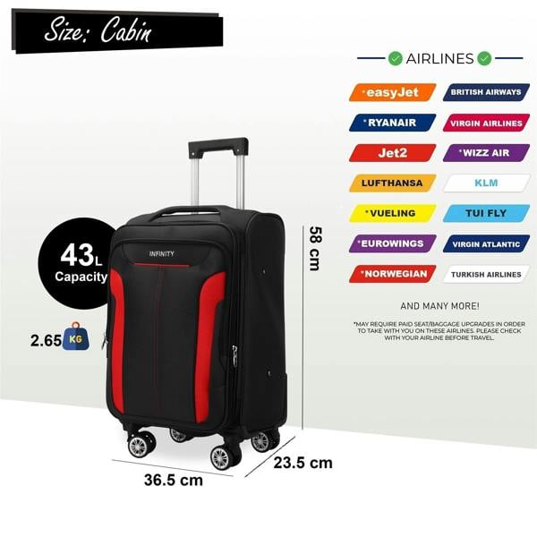 Infinity Luggage Soft Cabin Suitcase 36.5 x 23.5 x 58 cm Nylon 900D Suitable Integrated Lock for Easyjet, Ryanair, Wizzair