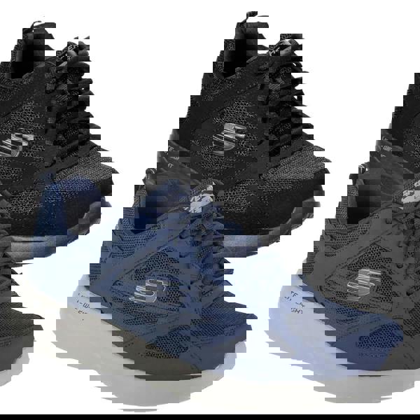 Skechers Dynamight 2.0 Fallford Mens Lace Up Memory Foam Casual Trainers, image showing a pair of black and blue sneakers with breathable mesh fabric, cushioned insoles, and sturdy rubber soles designed for comfort and style.