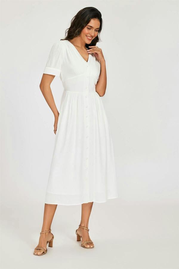 FS Collection Button Front Short Sleeve Midi Dress In White