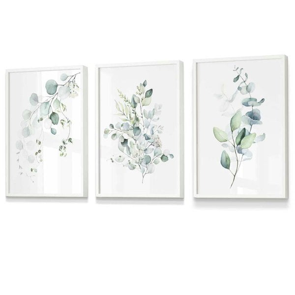 Artze Wall Art FLORAL Set of 3 Eucalyptus Blue Green Leaves Framed Prints