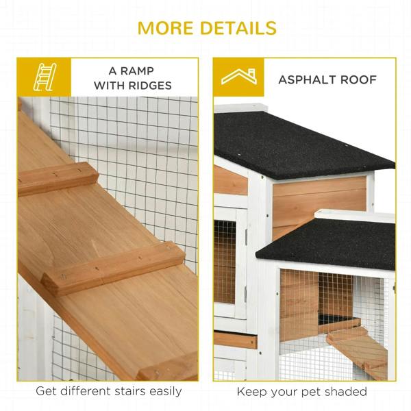 2-tier rabbit hutch with run, ramp with ridges and black roof, wood, white mesh