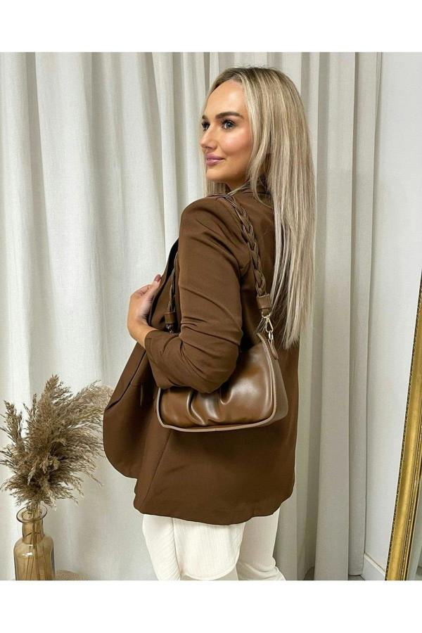 Valerie Ruched Sleeve Open Front Blazer Jacket With Front Pockets - Brown