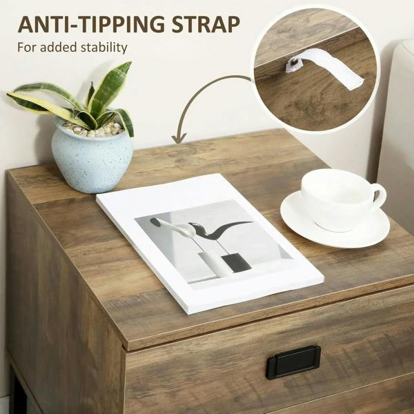 Brown retro end side table with 2 drawers, black handles, and cup on top