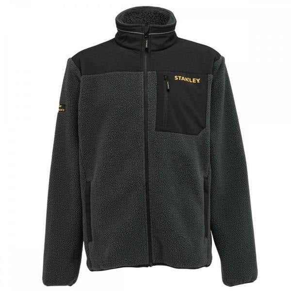 Stanley Borden Mens Zip-Up Borg Warm Work Fleece, black and gray fleece jacket with high collar, zip-up front, and chest pocket.