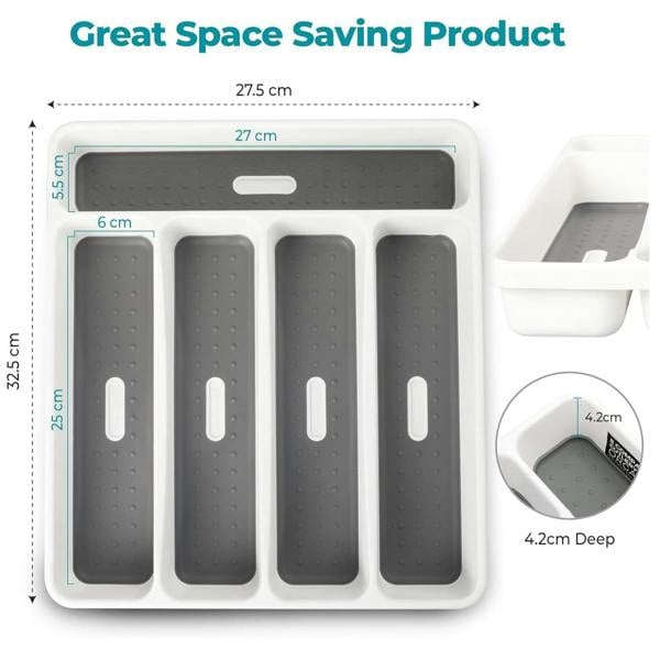 Top 3 5 Compartment Utensil Cutlery Tray Organiser White and Grey