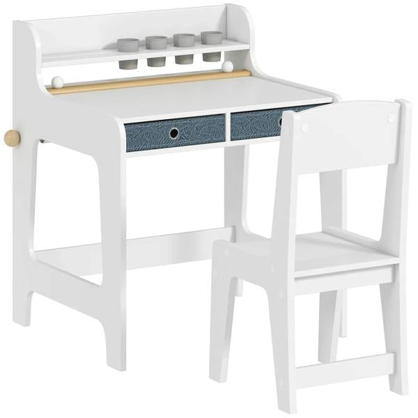 White kids art desk and chair set with storage shelf, two fabric drawers, and work ledge