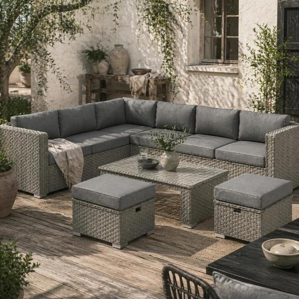 Wyld Haus Rava Faux Rattan Grey 8 Seater Corner Sofa Set With Glass Coffee Table And Footstools