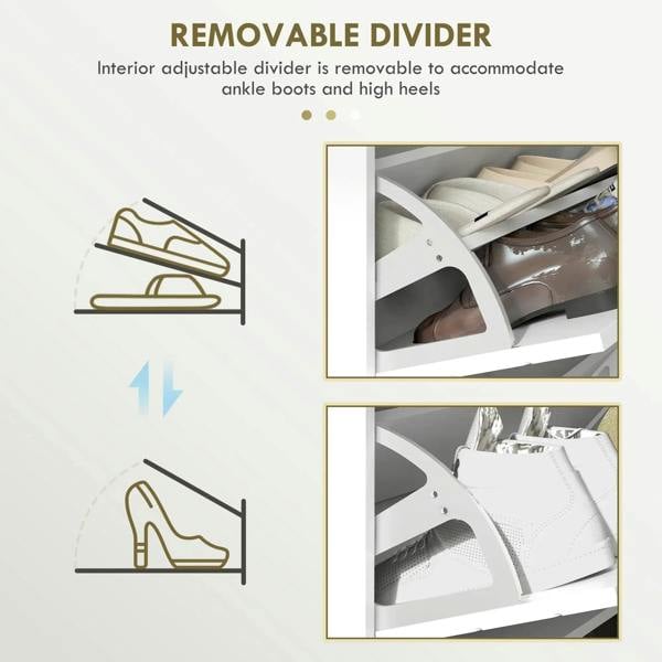 White shoe cabinet with removable interior divider for boots and high heels
