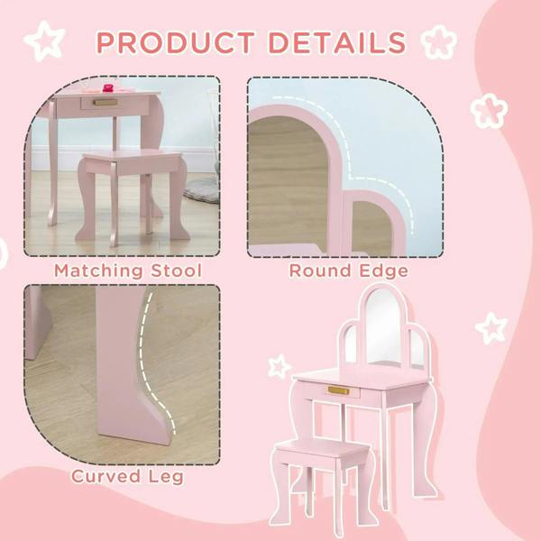 Pink kids vanity table with arched mirror, curved legs, and matching stool