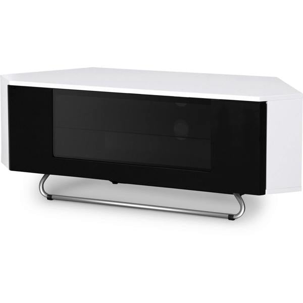 Homeology Hampshire Corner-Friendly Gloss White with Black Contrast Beam-Thru Remote Friendly Door 26"-50" Flat Screen TV Cabinet