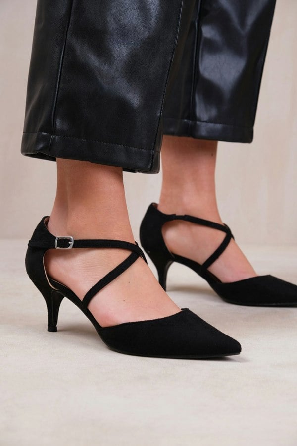 Where's That From Kennedi Low Kitten Heel With Crossover Strap in Black Suede