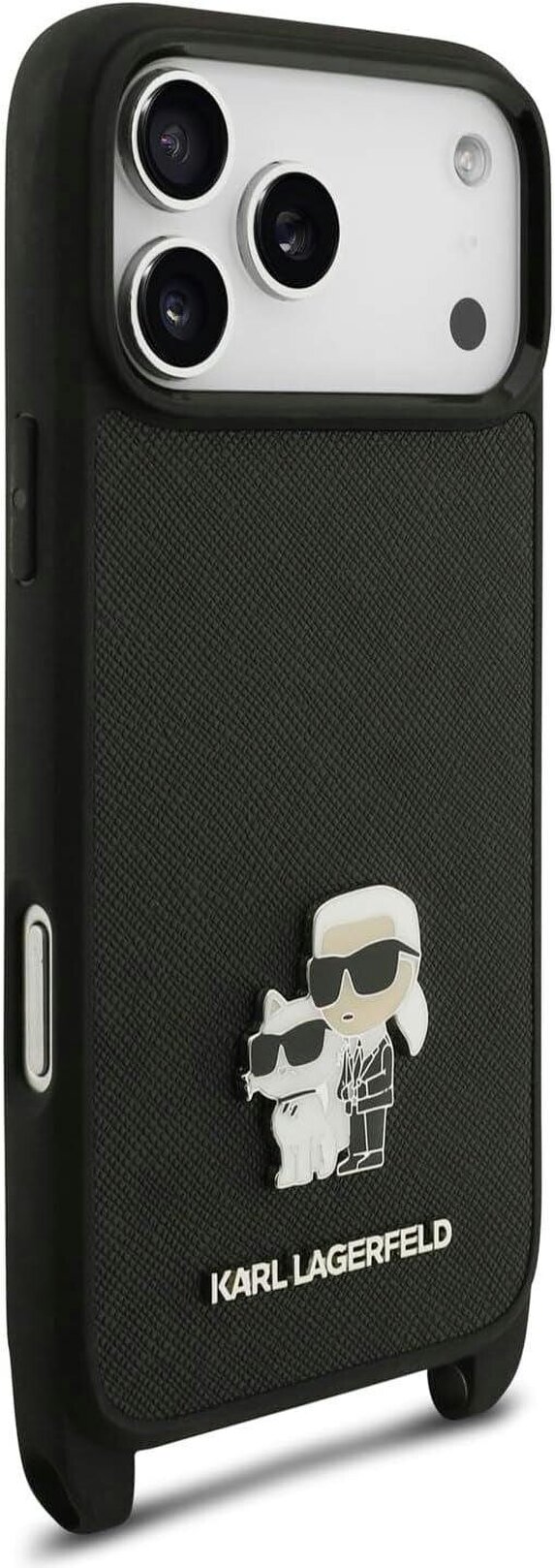 Karl Lagerfeld Saffiano Karl & Choupette Metal Pin Crossbody Strap Case for iPhone 17/18 Pro 6.3" Black - KLHCP18LSAKCPBK