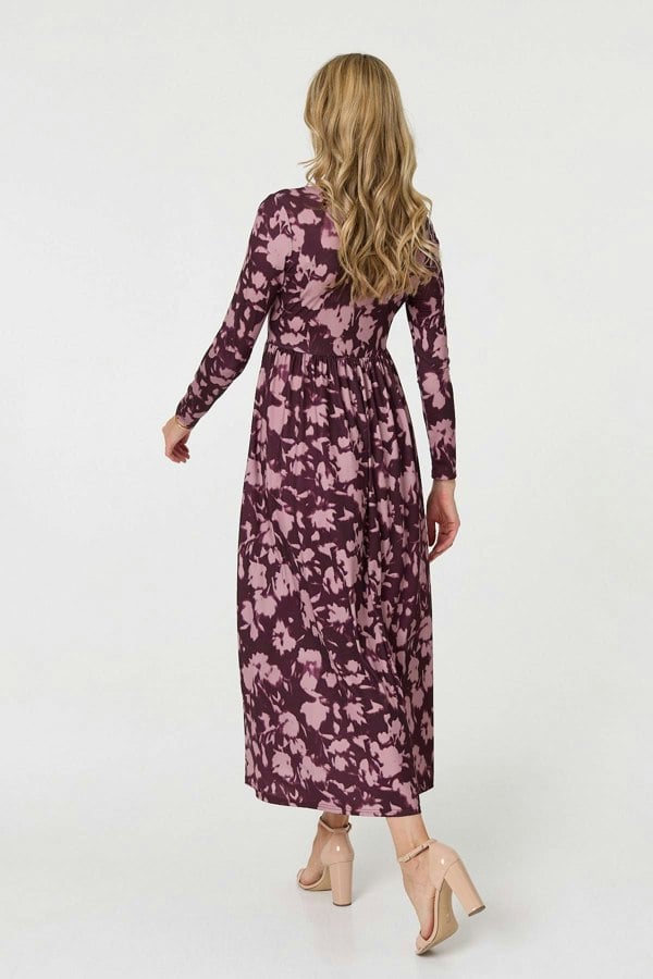Red | Floral Long Sleeve Jersey Maxi Dress
