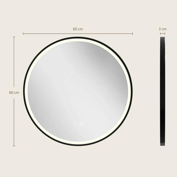 Bathroom Mirror with LED Lights, 60cm Round LED Bathroom Mirror with 3 Colours Dimmable, Bluetooth, Anti-Fog, Black