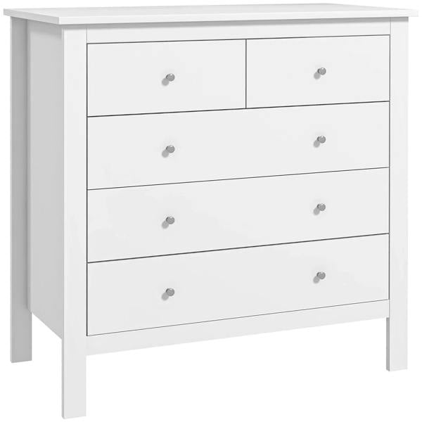 White 5-drawer dresser with round metal knobs and flat top, modern storage chest