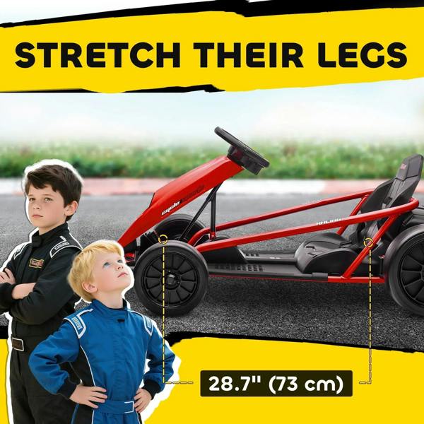 Red electric kids go-kart showing open cockpit, black seat, and side wheels