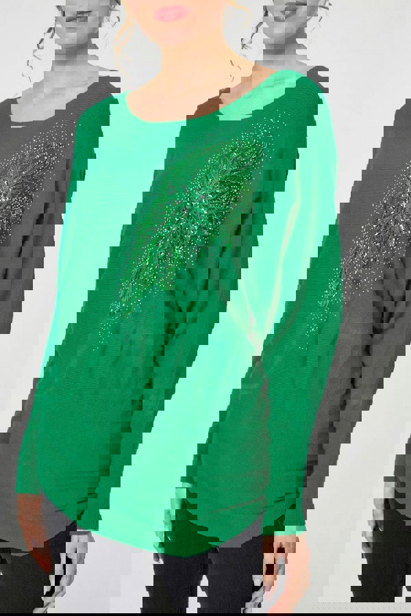 Green | Diamante Embroidered Long Sleeve Top
