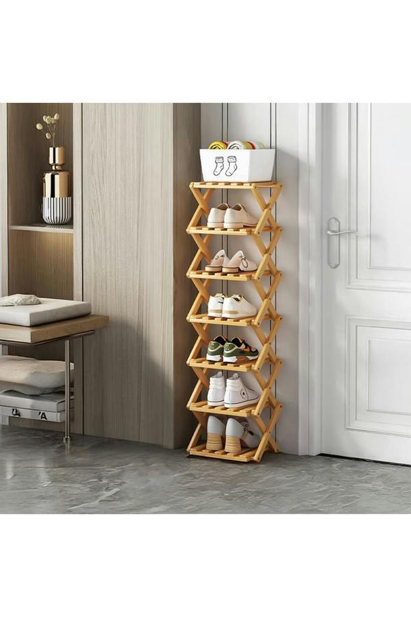 Living and Home 7 Tier Bamboo Folding Shoe Rack Shoe Storage Organiser - Light Oak