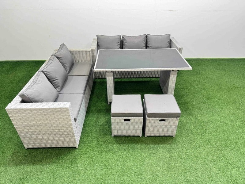 Fimous Rattan Garden Furniture Dining Set 8 seater Patio Rectangular Table Sofa Set with 2 Small Stools Light Grey