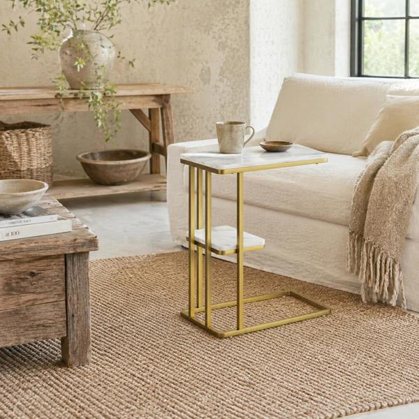 Wyld Haus Neso Metal And Wooden White Marble Grain Slim C Shaped Side Table With 2 Tier Storage