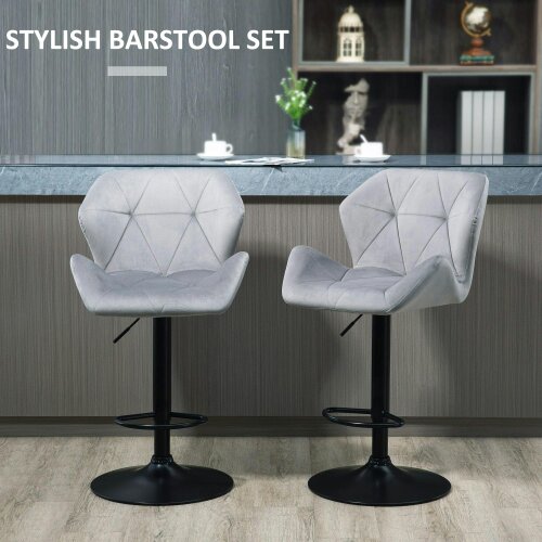 Wyld Haus Savi Velvet Grey Adjustable Swivel Bar Stools Set Of 2 With Sculpted Seat And Footrest
