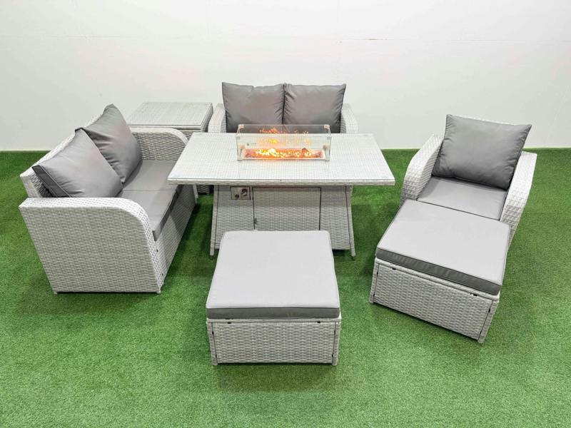 Fimous High Back Poly Rattan Garden Furniture Set, Reclining Chair, Loveseat, Firepit Table, Indoor Outdoor, 2 Big Stool, Side Table, Light Grey