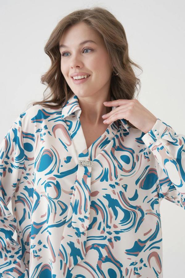 Hoxton Gal Relaxed Fit Long Sleeves Brooch and Print Detail Blouse